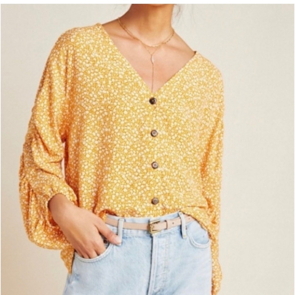 Anthropologie Maeve Venice Floral Peasant Blouse Mustard Orange Medium